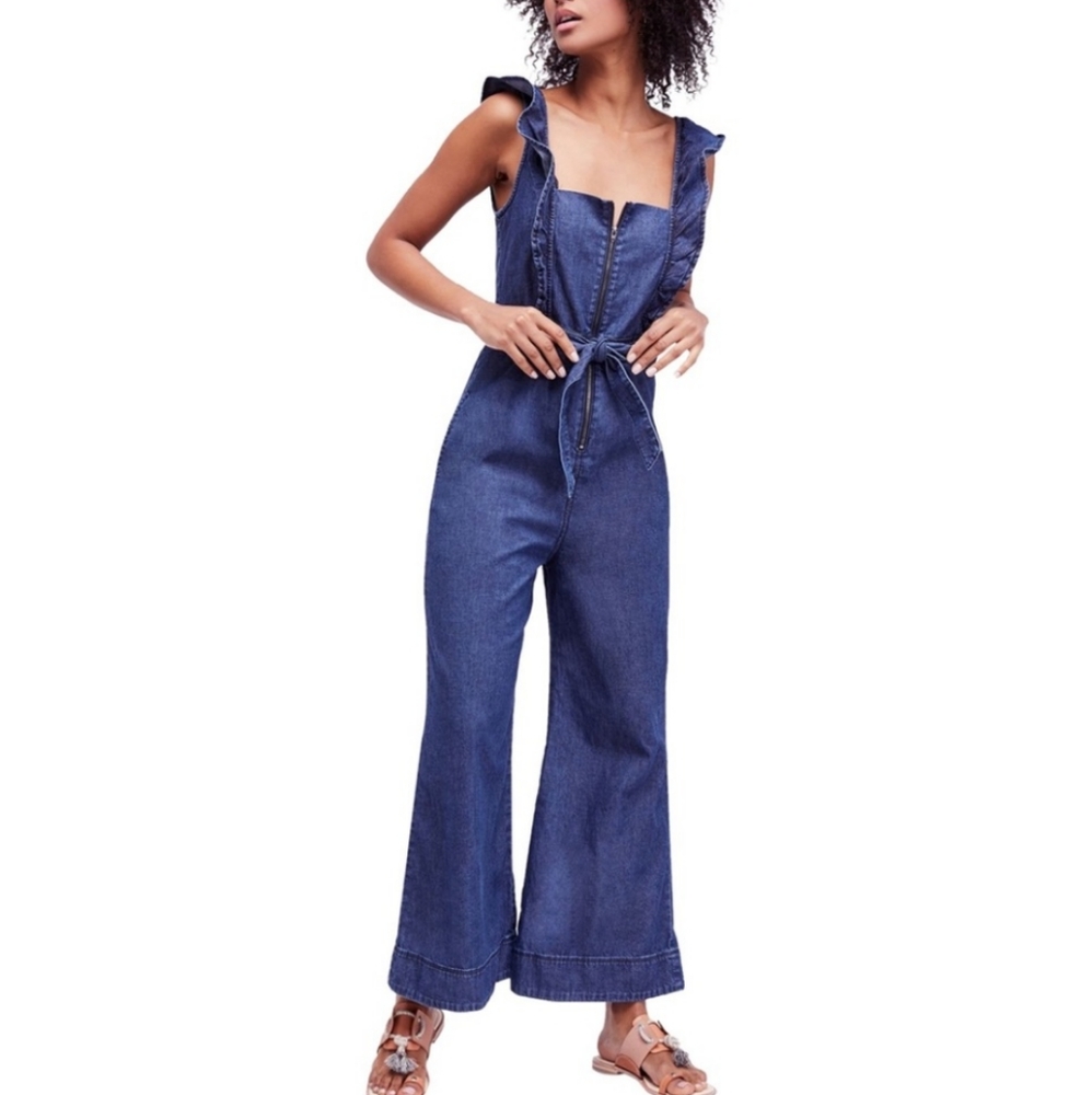 Free People Denim Blue Ruffle Strap Jumpsuit